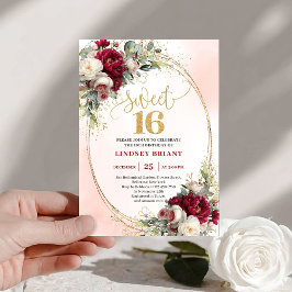 Convite Chic boho marsala gold floral sweet sixteen party 