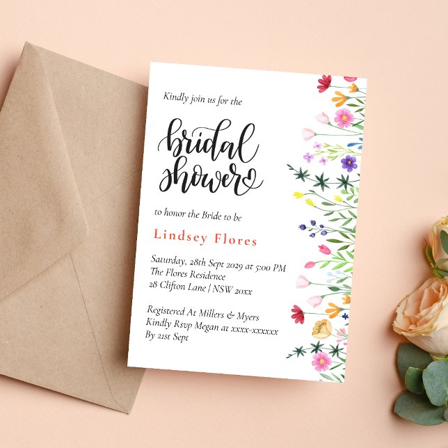 Convite Chic Boho Moderno Flores Selvagens e Vibrantes Chá (Modern chic boho bright wild flowers invitation creates a vibrant, stylish shower vibe)
