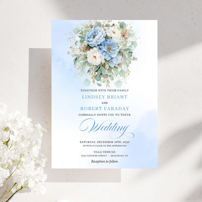 Convite Chic Boho Pastel Azul Peônia Floral Dourado Casame (Chic Boho Pastel Blue Peony Floral Gold Wedding Invitation)