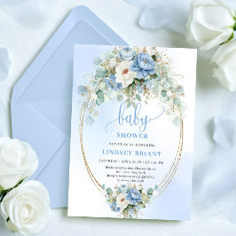 Convite Chic Boho Pastel Blue Flowers Baby Shower Invites