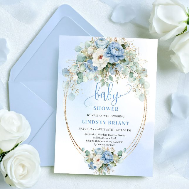 Convite Chic Boho Pastel Blue Flowers Baby Shower Invites (Chic Boho Pastel Blue Flowers Baby Shower Invitation)