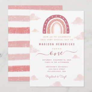 Convite Chic Boho Rainbow e Clouds Pastel Pink Aniversário