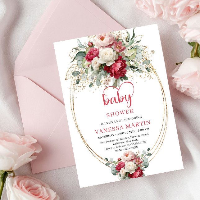Convite Chic Boho Rubi Vermelho Rubor Verde Baby Shower (Chic Boho Ruby Red Blush Greenery Baby Shower)