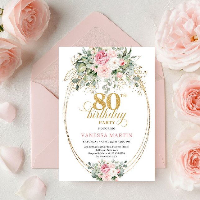 Convite Chic Boho Rubor Floral Minimal Dourado Aniversário (Chic Boho Blush Floral Minimal Gold 80th Birthday)