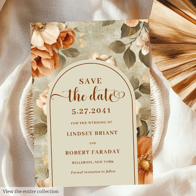 Convite Chic Boho Terra Cotta Beige Floral Save The Date (Chic Boho Terra Cotta Beige Floral Save The Date)