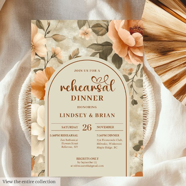 Convite Chic Boho Terra Cotta Ivory Sage Floral Rehearsal (Chic Rusty Beige Olive Floral Rehearsal Invitation)