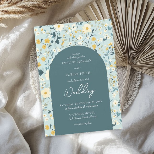 Convite Chic Boho verde e amarelo flores de algodão (Chic Boho green and yellow cottage flowers arch Invitation)