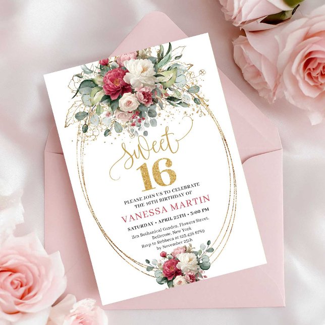Convite Chic Boho Vermelho Borgonha Verde Sweet 16 Anivers (Chic Red Burgundy Greenery Sweet 16 Birthday Invitation)