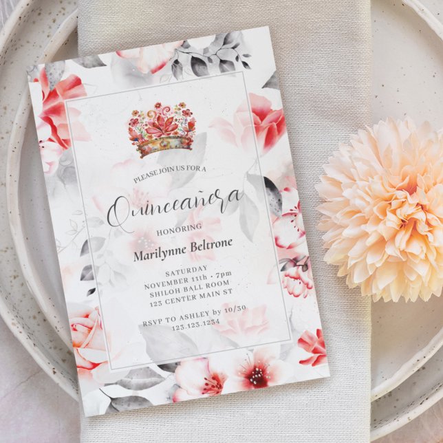 Convite Chic Boho Vermelho Floral Quinceañera (Criador carregado)