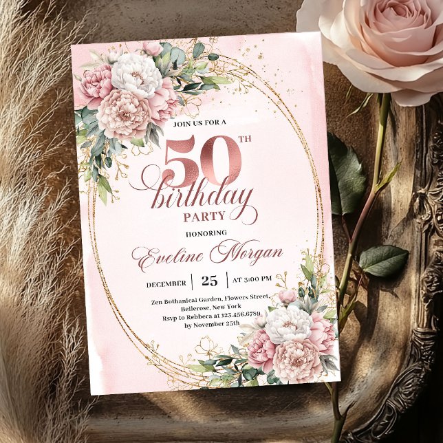 Convite Chic Botanical Blush 50th Birthday Party Invites (Chic Botanical Blush 50th Birthday Party Invitation)