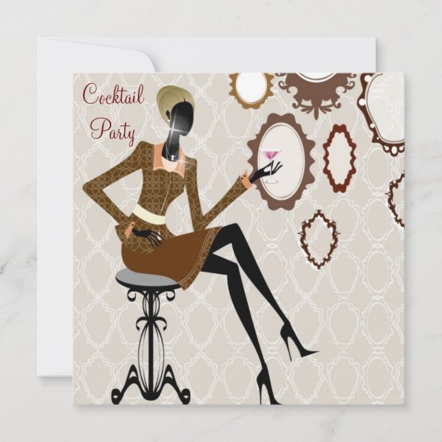 Convite Chic Boutique Damask Cocktail Party (Frente)