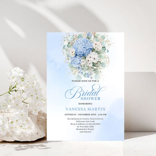 Convite Chic Bridal Shower Blue Hydrangeas Gold Invitation (Chic Bridal Shower Blue Hydrangeas Gold Invitation)