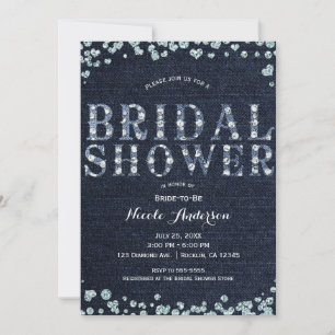 Convite Chic Bridal Shower Denim Jean & Diamonds Brilho