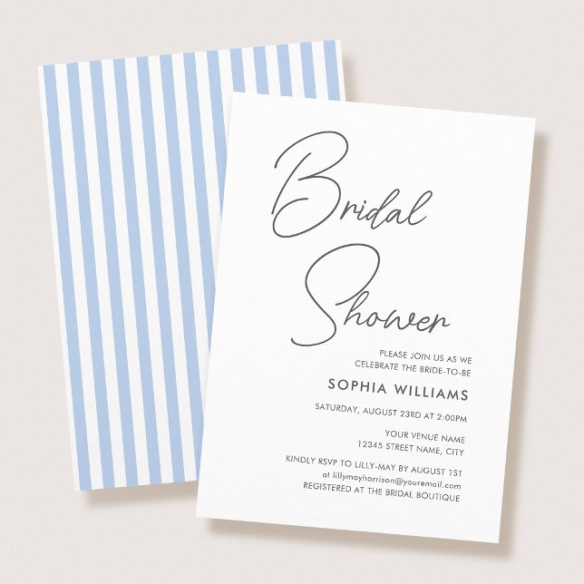 Convite Chic Bridal Shower Modern Script Blue Stripes (Criador carregado)