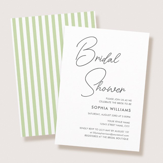 Convite Chic Bridal Shower Modern Script Green Stripes (Criador carregado)