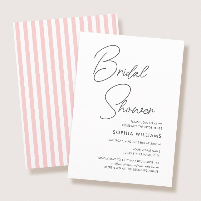 Convite Chic Bridal Shower Modern Script Pink Stripes (Criador carregado)