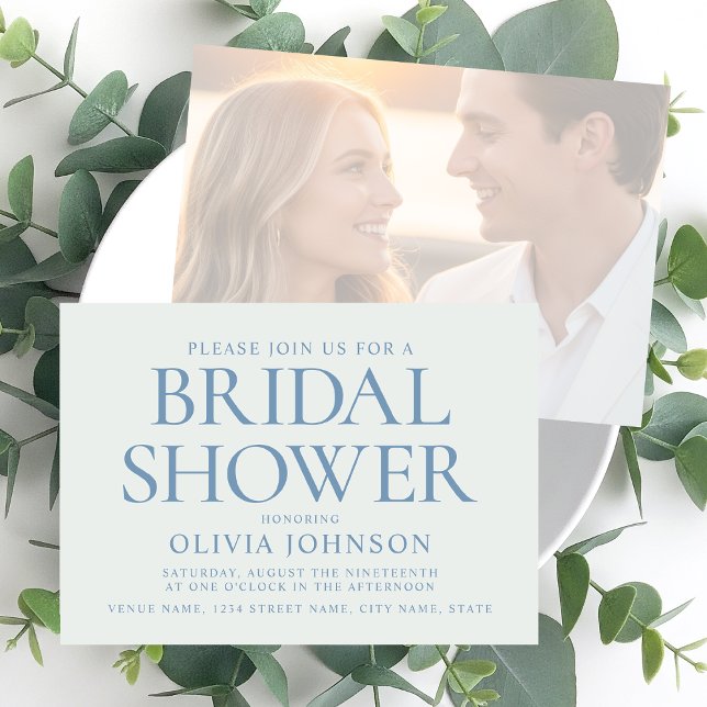 Convite Chic Bridal Shower Photo Typography Pale Blue (Criador carregado)