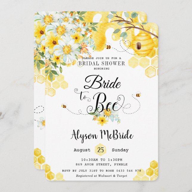 Convite Chic Bride para Chá de panela Floral Amarelo de Be (Frente/Verso)