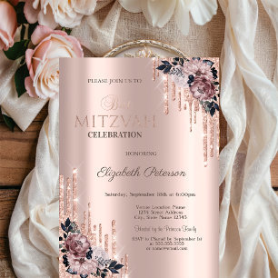 Convite Chic Brilho Flores Gotejantes Rosa Dourado Bat Mit