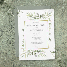 Convite Chic Brunch Nupcial Dourado com Vegetação em Aquar