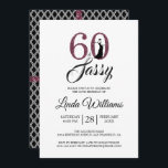 Convite Chic Burgundy 60 e Sassy | 60.a Festa de aniversár<br><div class="desc">Um convite para fotos de 60 anos, elegante, que você pode personalizar e enviar para a sua sexagésima festa de aniversário. As palavras "60 e Sassy" em brilho preto e burgundy são usadas na tipografia moderna. Há um padrão geométrico preto-e-branco na parte de trás da carta com fitas brilhantes de...</div>