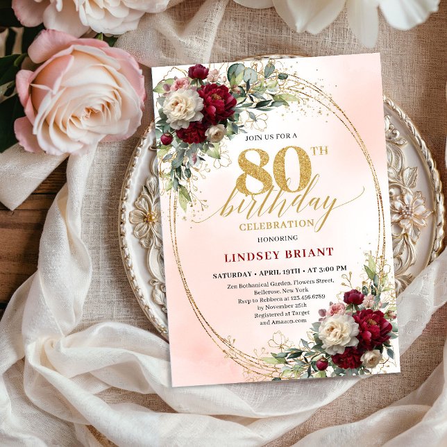 Convite Chic Burgundy Blush Floral 80th Birthday Invites (Chic Burgundy Blush Floral 80th Birthday Invitation)