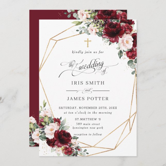 Convite Chic Burgundy Blush Pink Floral Church Wedding   (Frente/Verso)