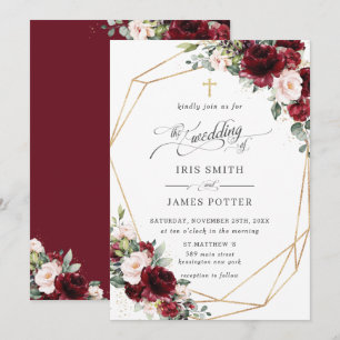 Convite Chic Burgundy Blush Rosa Floral Igreja Casamento