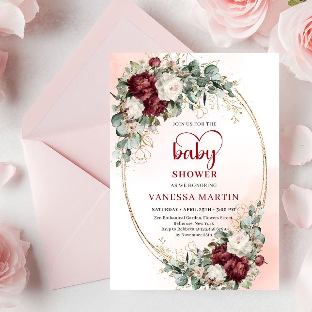 Convite Chic Burgundy Dourado Coração-Formato Fonte Chá de (Chic Burgundy Gold Heart-Shaped Font Baby Shower Invitation)