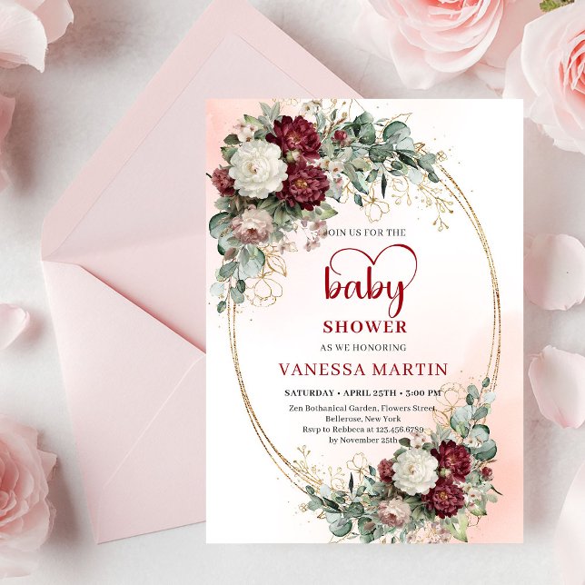Convite Chic Burgundy Dourado Coração-Formato Fonte Chá de (Chic Burgundy Gold Heart-Shaped Font Baby Shower Invitation)