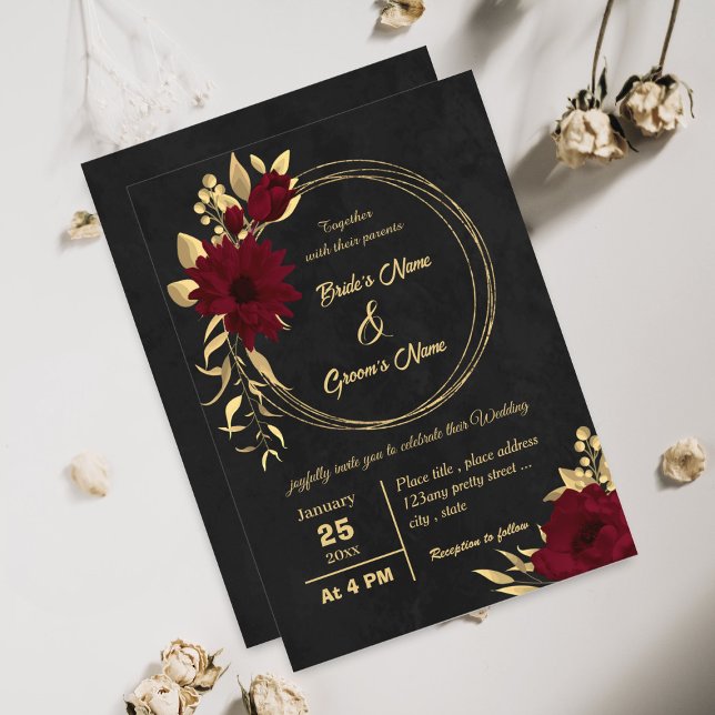 Convite Chic burgundy e casamento preto de ouro (Criador carregado)