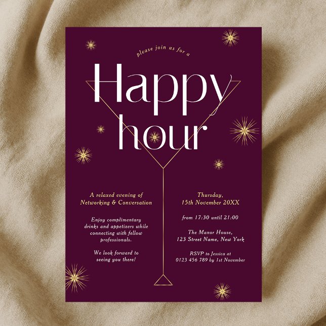 Convite Chic Burgundy e Dourada Rede da Empresa Feliz Hora (Modern burgundy and gold company cocktail party happy hour event invitation)