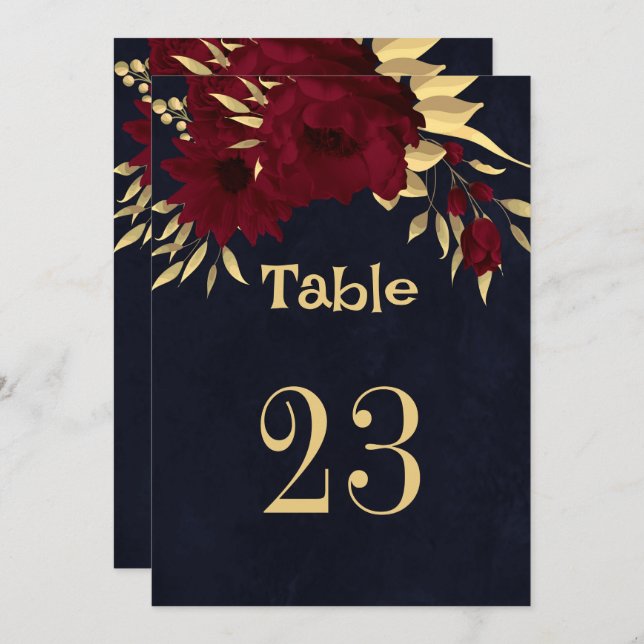Convite Chic burgundy e marinho de ouro - número da tabela (Frente/Verso)