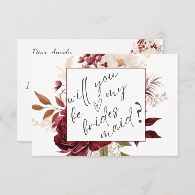 Convite Chic Burgundy Flowers Bridesmaid Card (Frente/Verso)