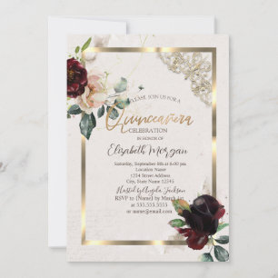 Convite Chic Burgundy Flowers Frame Dourado Quinceañera