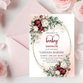 Convite Chic Burgundy Gold Heart-Shaped Font Baby Shower 