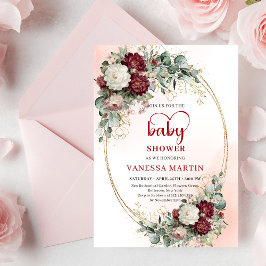 Convite Chic Burgundy Gold Heart-Shaped Font Baby Shower 