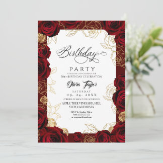 Convite Chic Burgundy Gold Rose Birthday Invitation