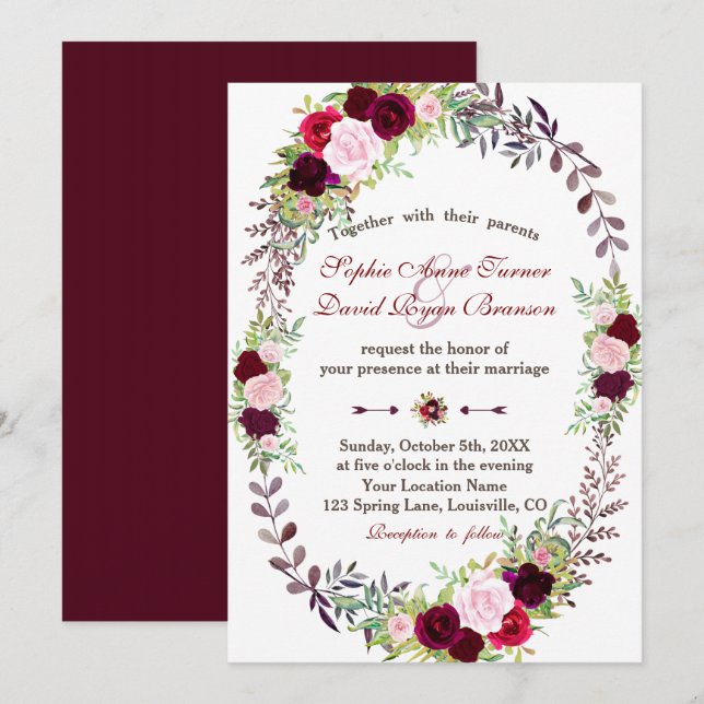 Convite Chic Burgundy Marsala Floral Wreath Wedding (Frente/Verso)