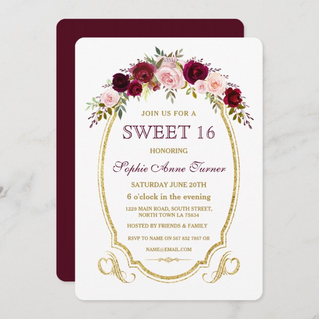 Convite Chic Burgundy Marsala Queda Floral SWEET 16 (Frente/Verso)