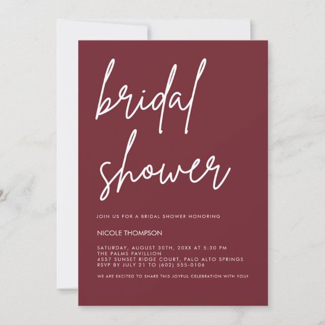 Convite Chic Burgundy Modern Bridal Shower Invitation  (Frente)