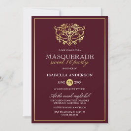 Convite Chic Burgundy Red & Dourado Mascarada Doce 16 Part