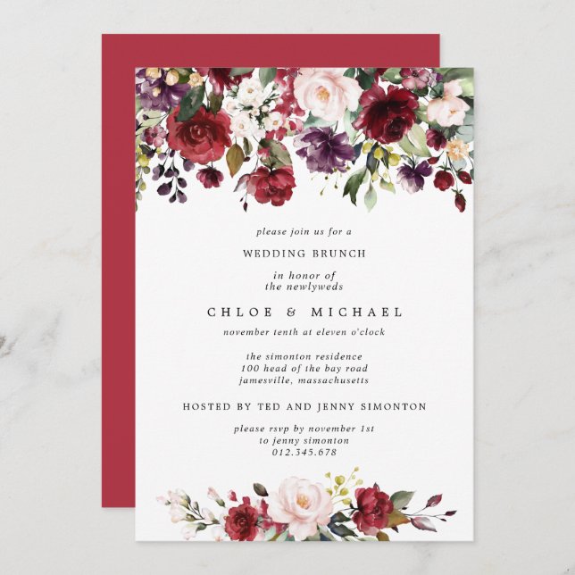 Convite Chic Burgundy Red Floral Posta Casamento Brunch (Frente/Verso)