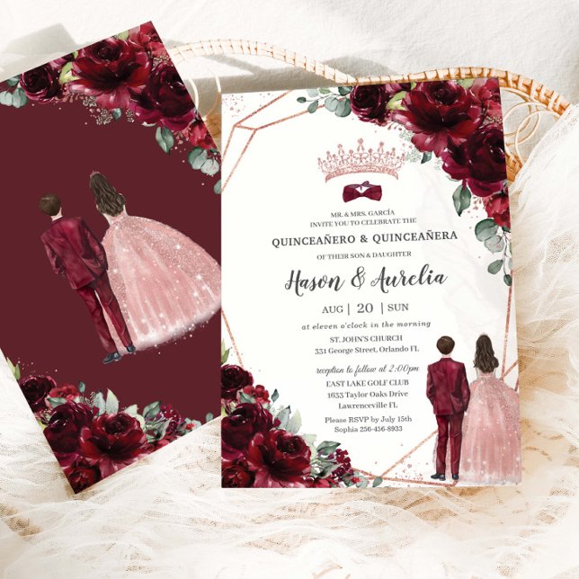 Convite Chic Burgundy Rose Gold Twins Boy Girl Quinceanera (Criador carregado)