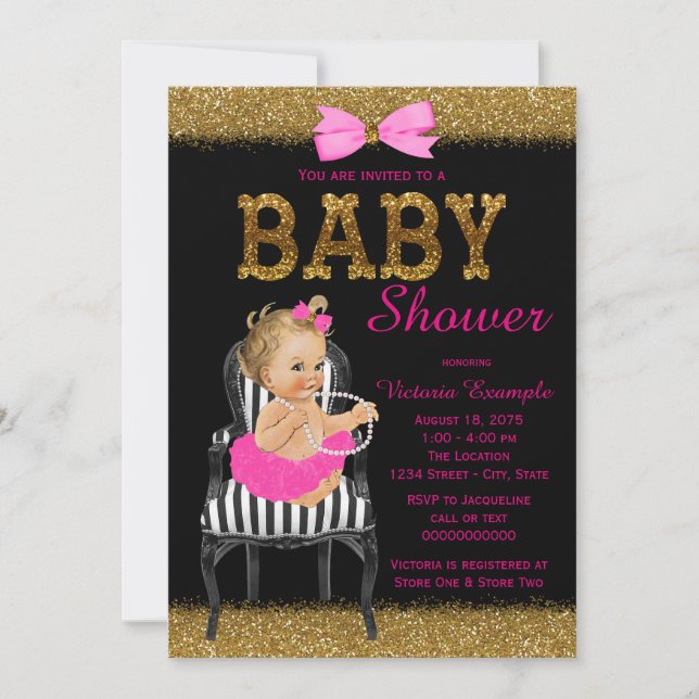 Convite Chic Cadeira Rosa Preto Dourado Chuveiro de Bebê M (Frente)