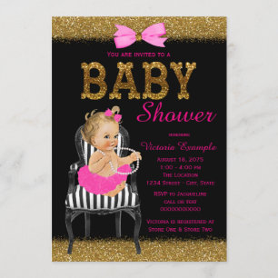 Convite Chic Cadeira Rosa Preto Dourado Chuveiro de Bebê M