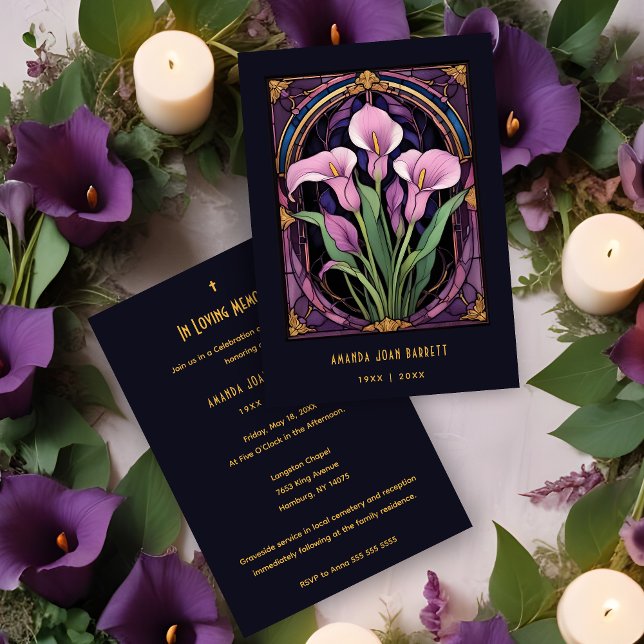 Convite Chic Callas Bouquet Purple Shades Stained Glass (Romantic Callas Bouquet in Purple Shades Stained Glass Effect Funeral Invitations Cards.)