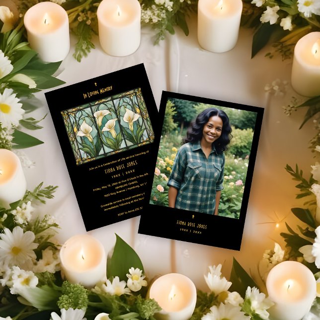 Convite Chic Callas White Bouquet Stained Glass Photo (Romantic Callas Bouquet in White & Green Shades Stained Glass Effect Photo Funeral Invitations Cards)