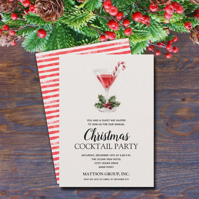 Convite Chic Candy Cane Martini Christmas Cocktail Party (Chic candy cane, holly and berries Christmas martini cocktail party invitations)