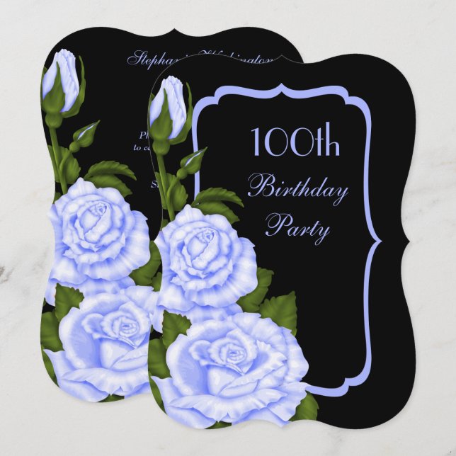 Convite Chic Canto Rosas Azuis 100º Aniversário (Frente/Verso)